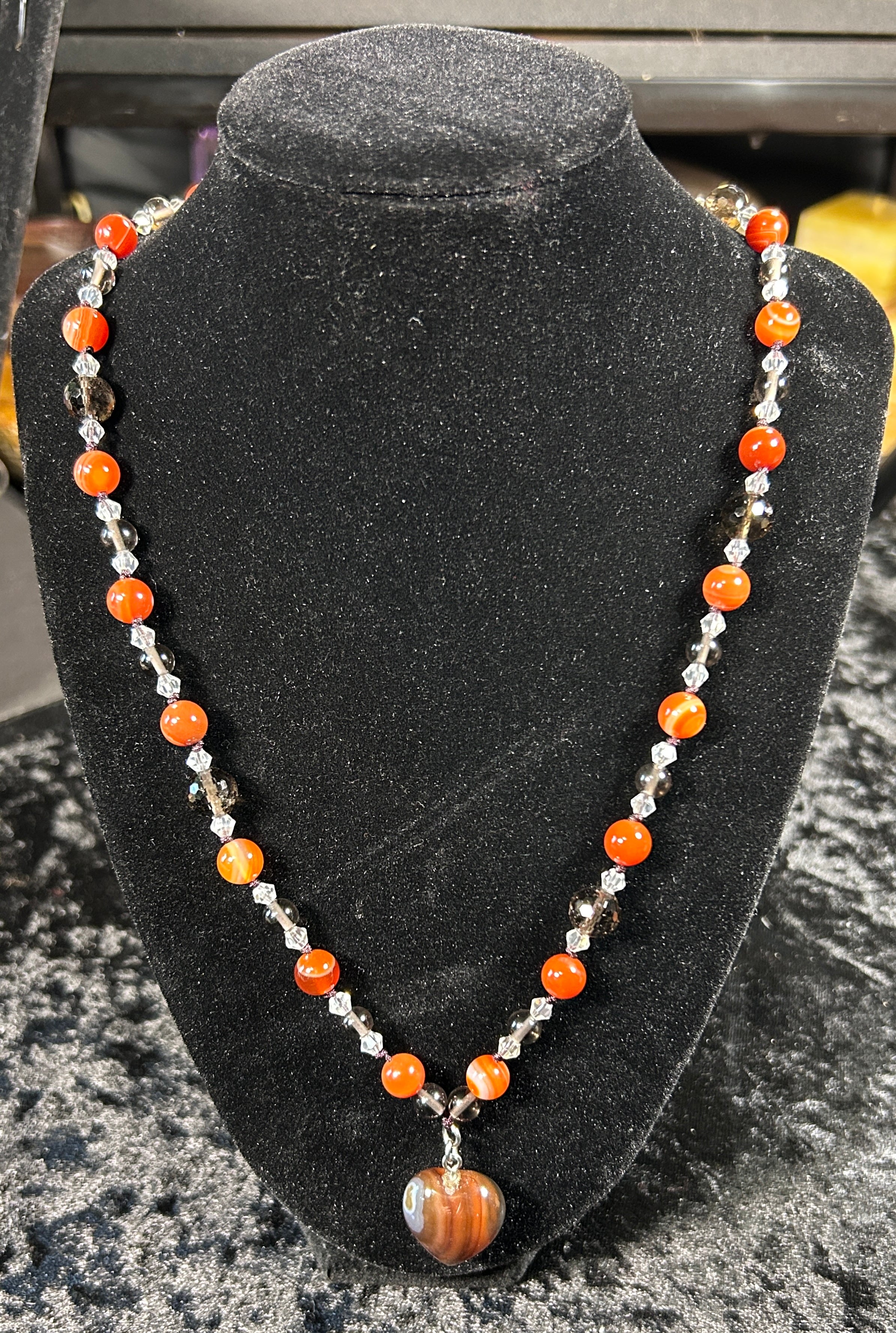Beautifully Hand Knotted Carnelian Necklace w/ Smokey Quartz