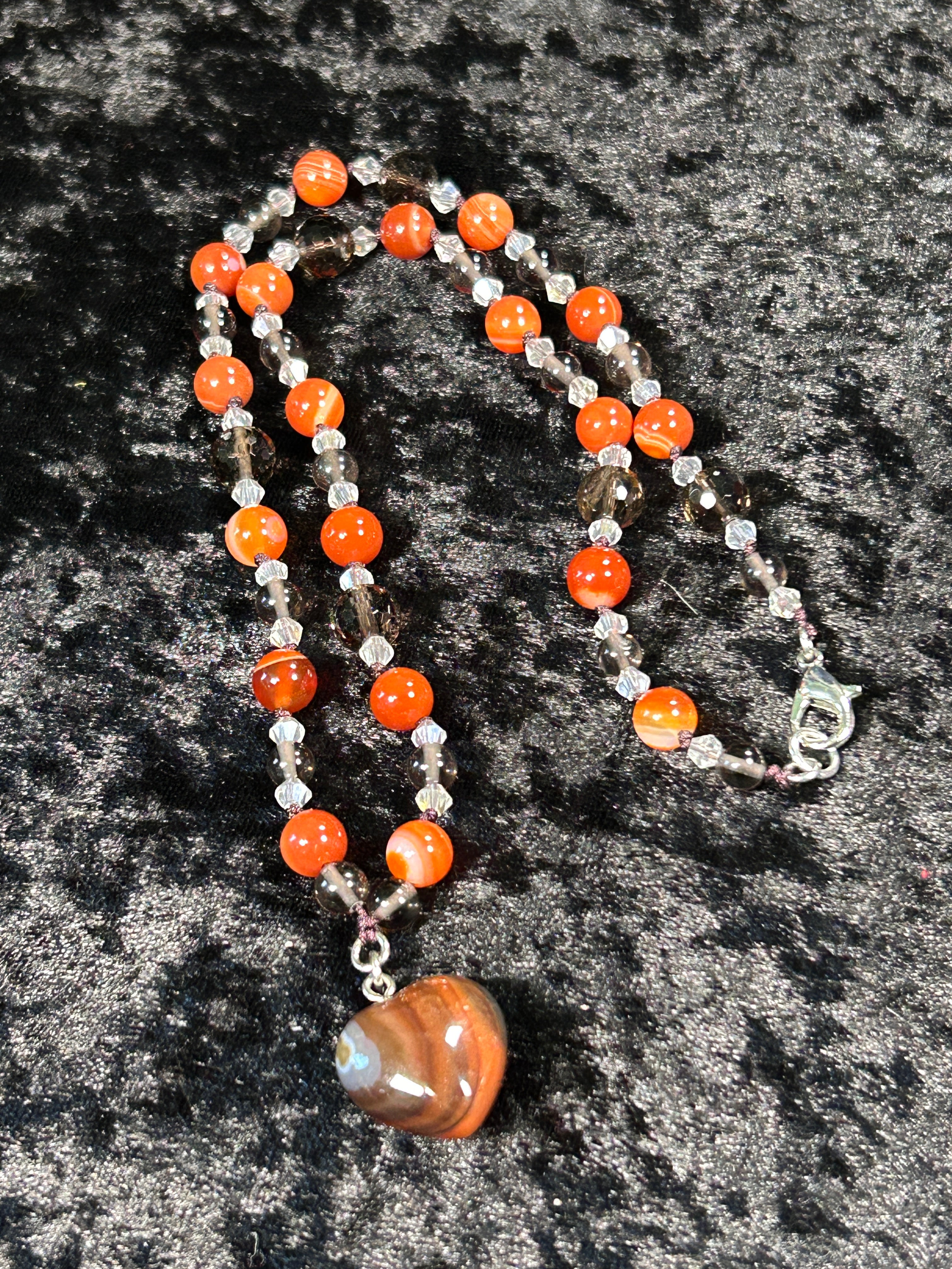 Beautifully Hand Knotted Carnelian Necklace w/ Smokey Quartz