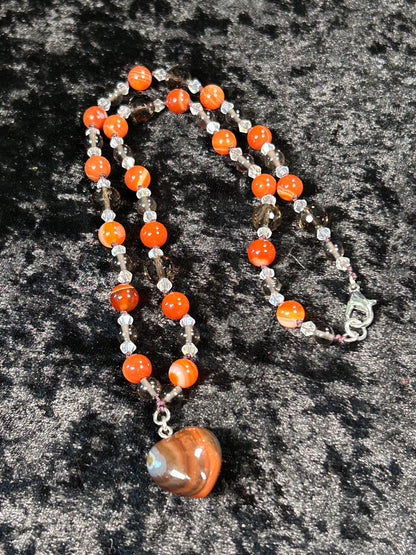 Beautifully Hand Knotted Carnelian Necklace w/ Smokey Quartz