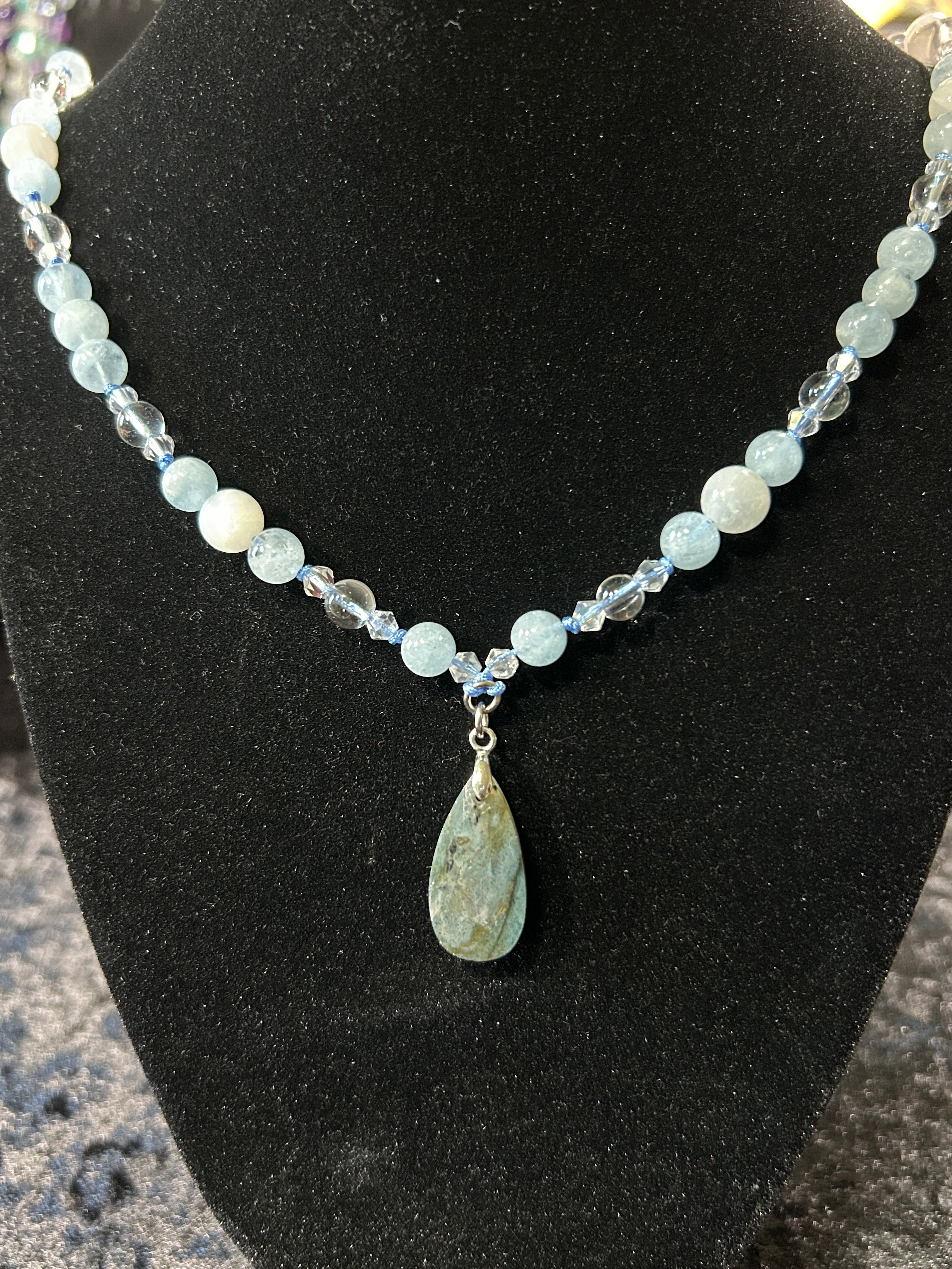 Stunning Aquamarine Hand Knotted Neckalce w/ White Moonstone &amp; Clear Quartz