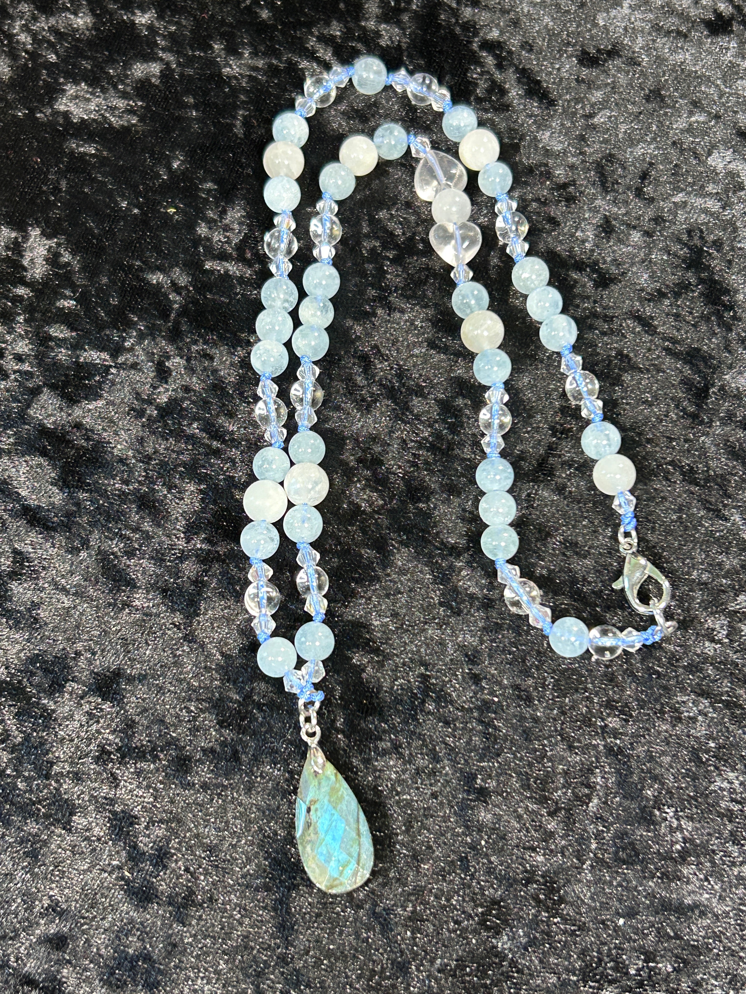 Stunning Aquamarine Hand Knotted Neckalce w/ White Moonstone &amp; Clear Quartz