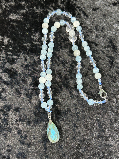 Stunning Aquamarine Hand Knotted Neckalce w/ White Moonstone &amp; Clear Quartz