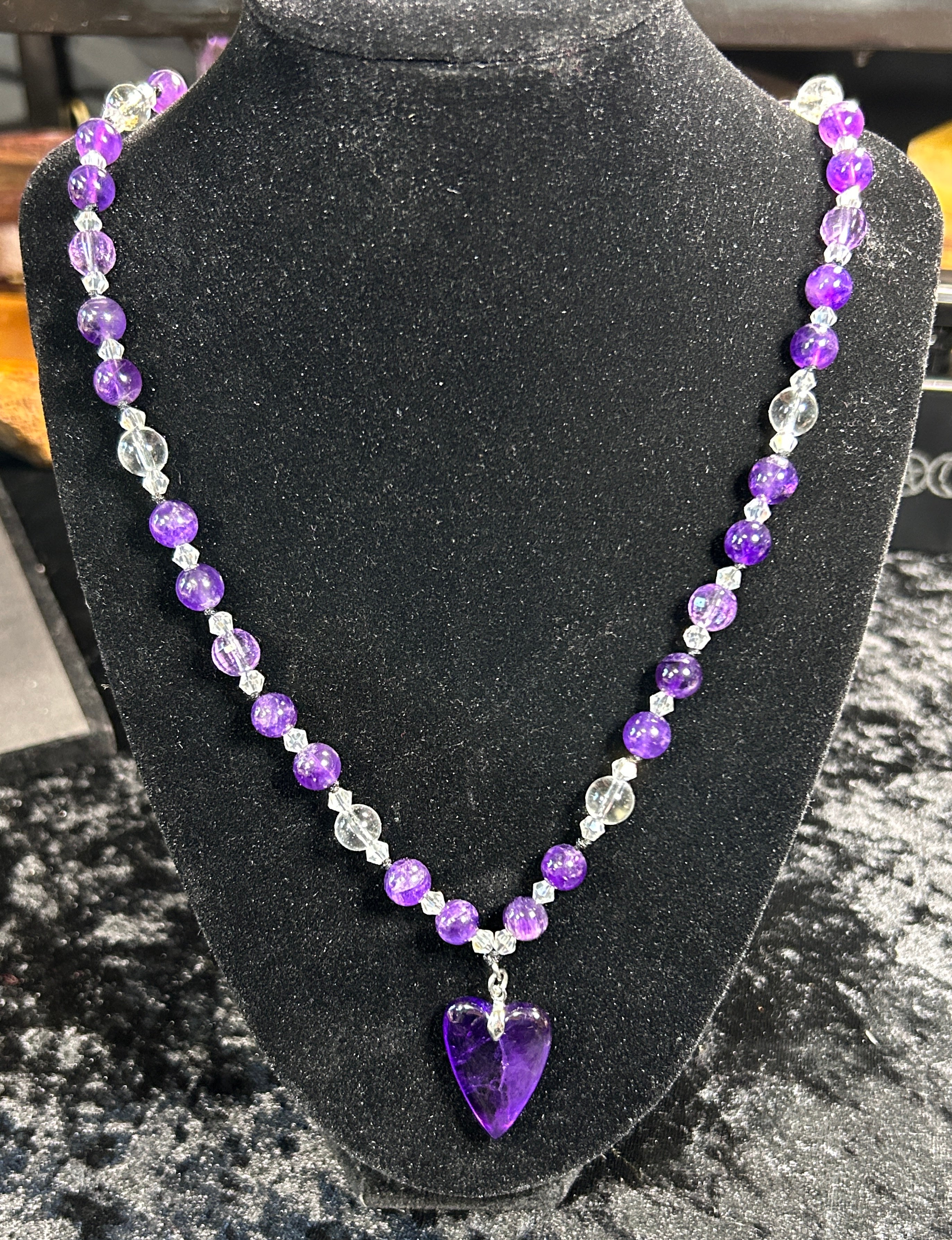 Gorgeous HQ Hand Knotted Amethyst &amp; Clear Quartz Necklace