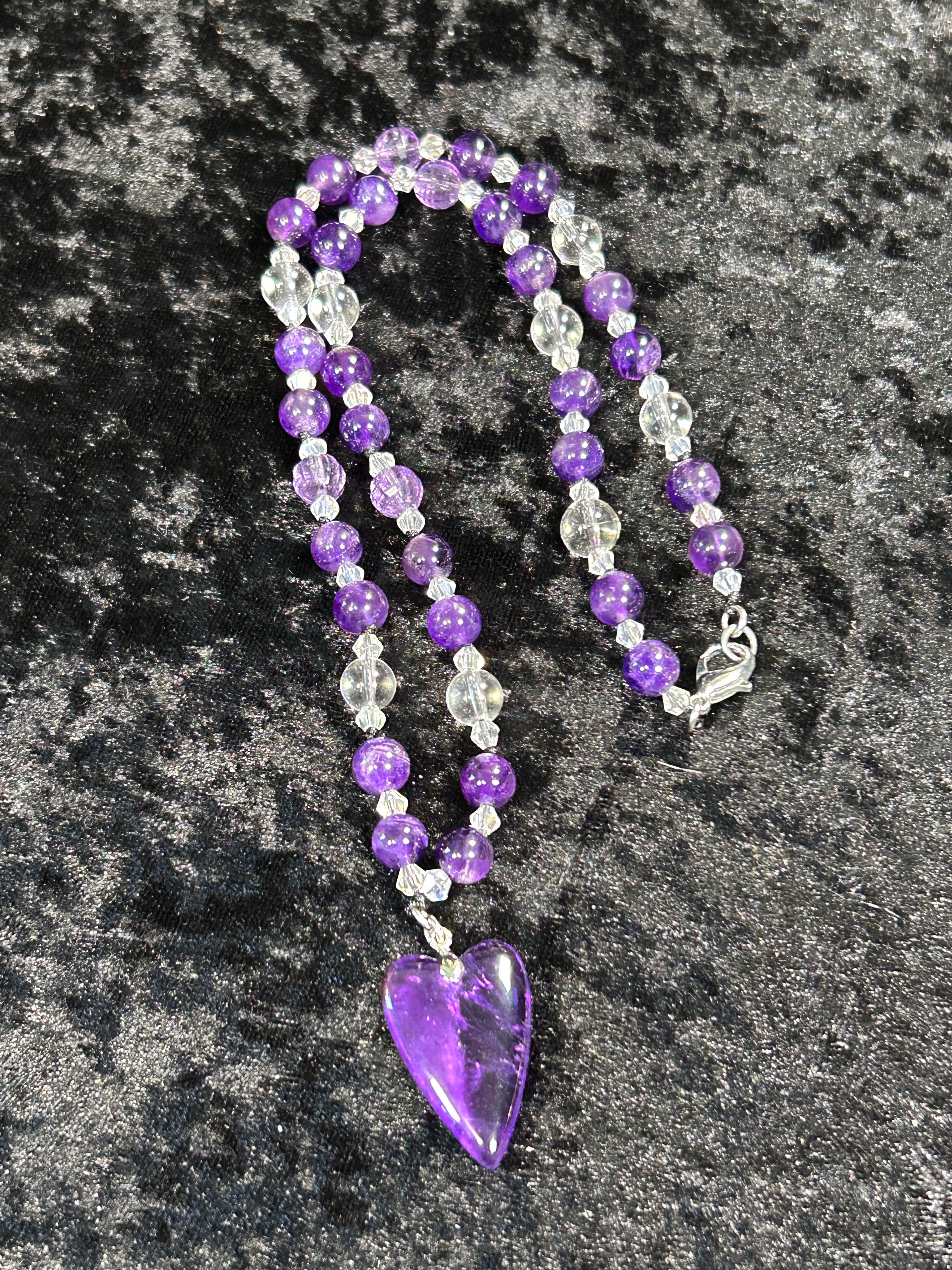 Gorgeous HQ Hand Knotted Amethyst &amp; Clear Quartz Necklace