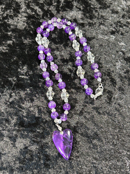 Gorgeous HQ Hand Knotted Amethyst &amp; Clear Quartz Necklace