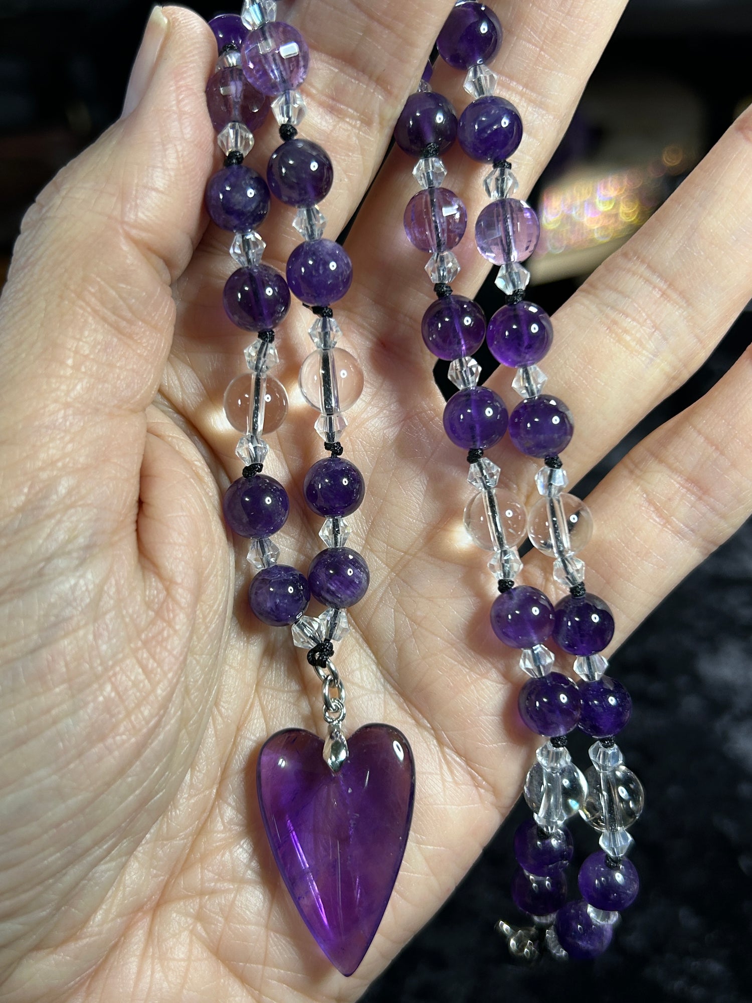 Gorgeous HQ Hand Knotted Amethyst &amp; Clear Quartz Necklace