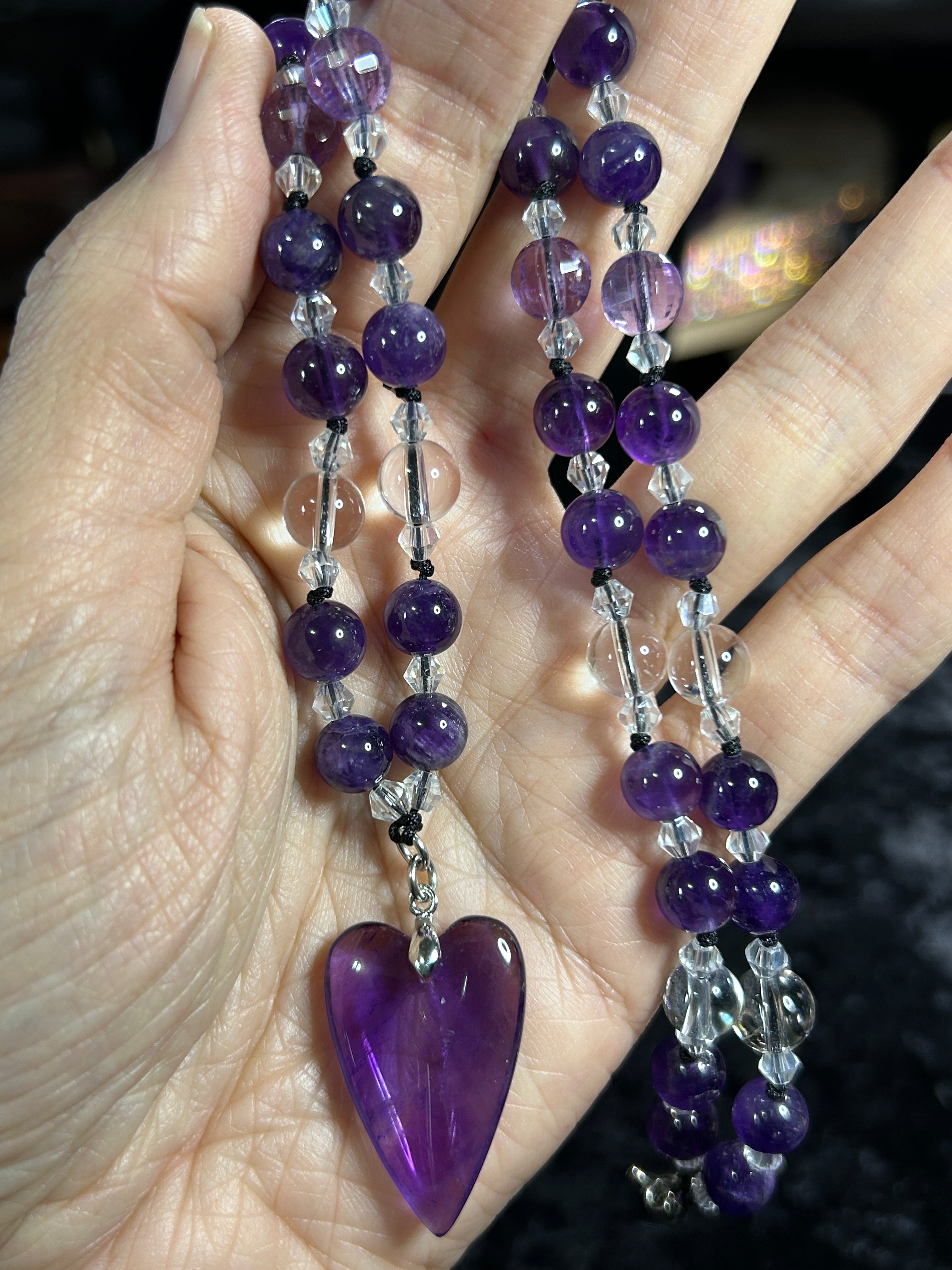 Gorgeous HQ Hand Knotted Amethyst &amp; Clear Quartz Necklace