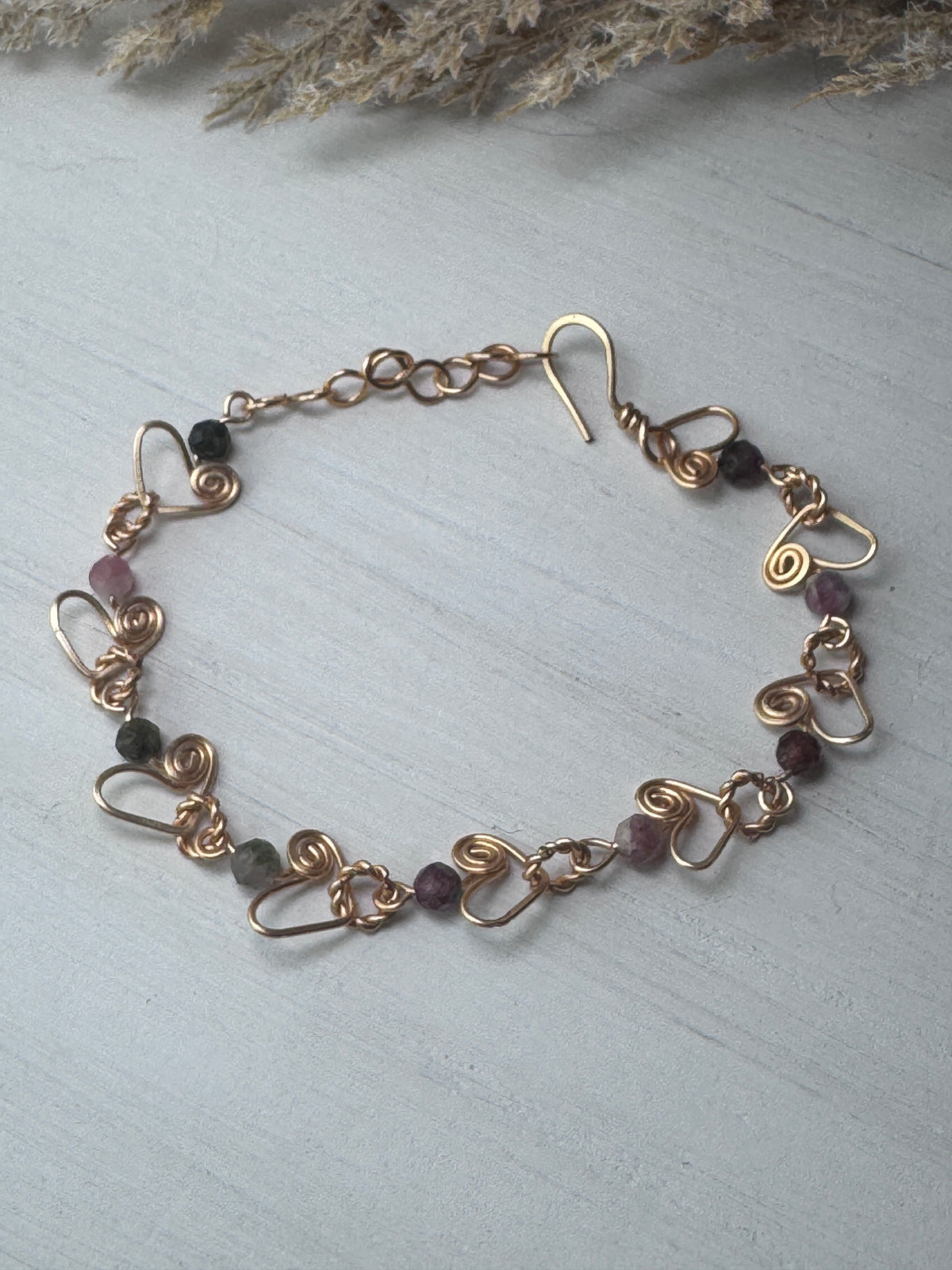 Wire Wrapped Gold Heart Bracelet with Tourmaline Crystals