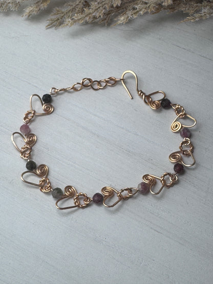 Wire Wrapped Gold Heart Bracelet with Tourmaline Crystals