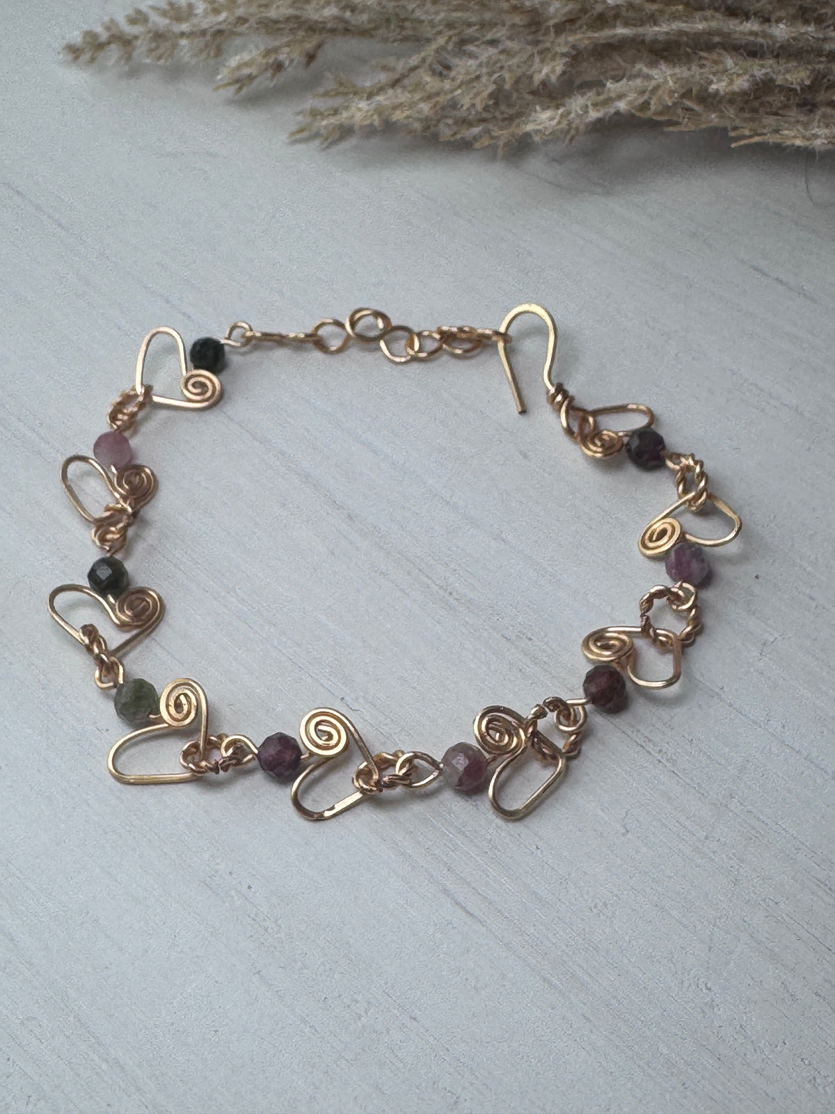 Wire Wrapped Gold Heart Bracelet with Tourmaline Crystals