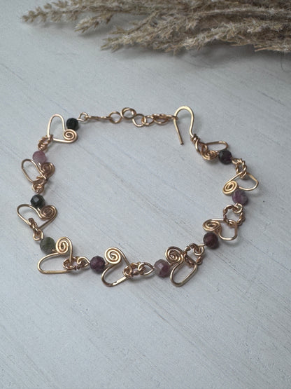 Wire Wrapped Gold Heart Bracelet with Tourmaline Crystals