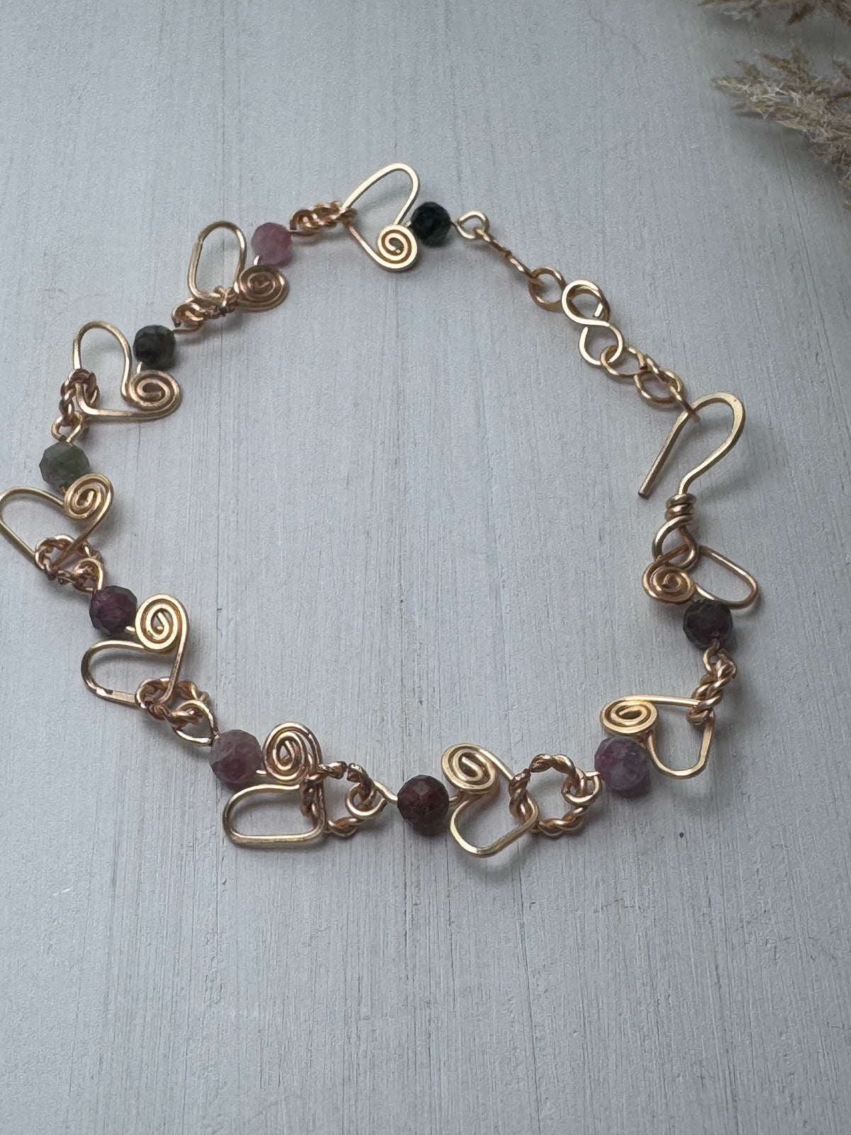 Wire Wrapped Gold Heart Bracelet with Tourmaline Crystals