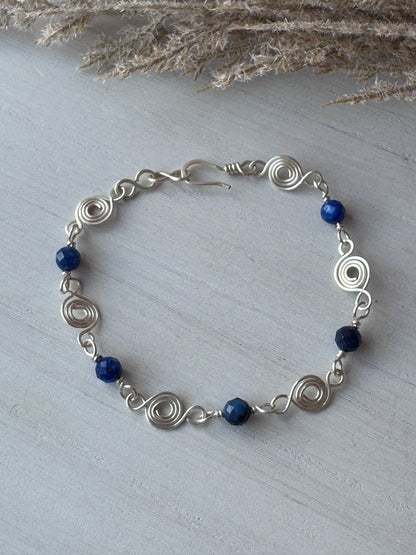 Silver Wire Wrapped Coin Link Bracelet with Kyanite