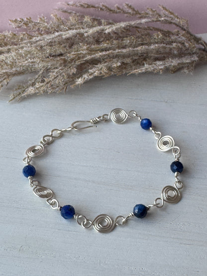 Silver Wire Wrapped Coin Link Bracelet with Kyanite