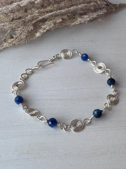 Silver Wire Wrapped Coin Link Bracelet with Kyanite