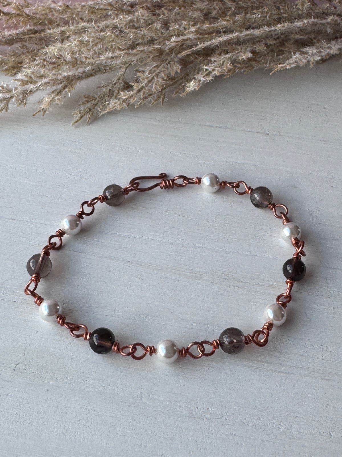Pearl &amp; Smoky Quartz Copper Bracelet