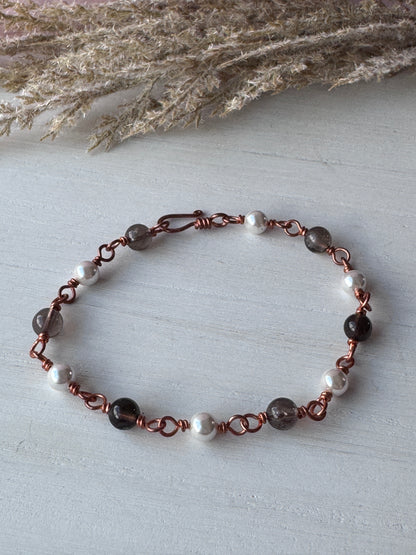 Pearl &amp; Smoky Quartz Copper Bracelet