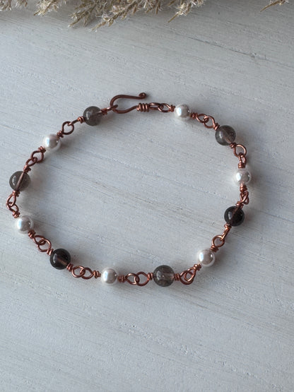 Pearl &amp; Smoky Quartz Copper Bracelet