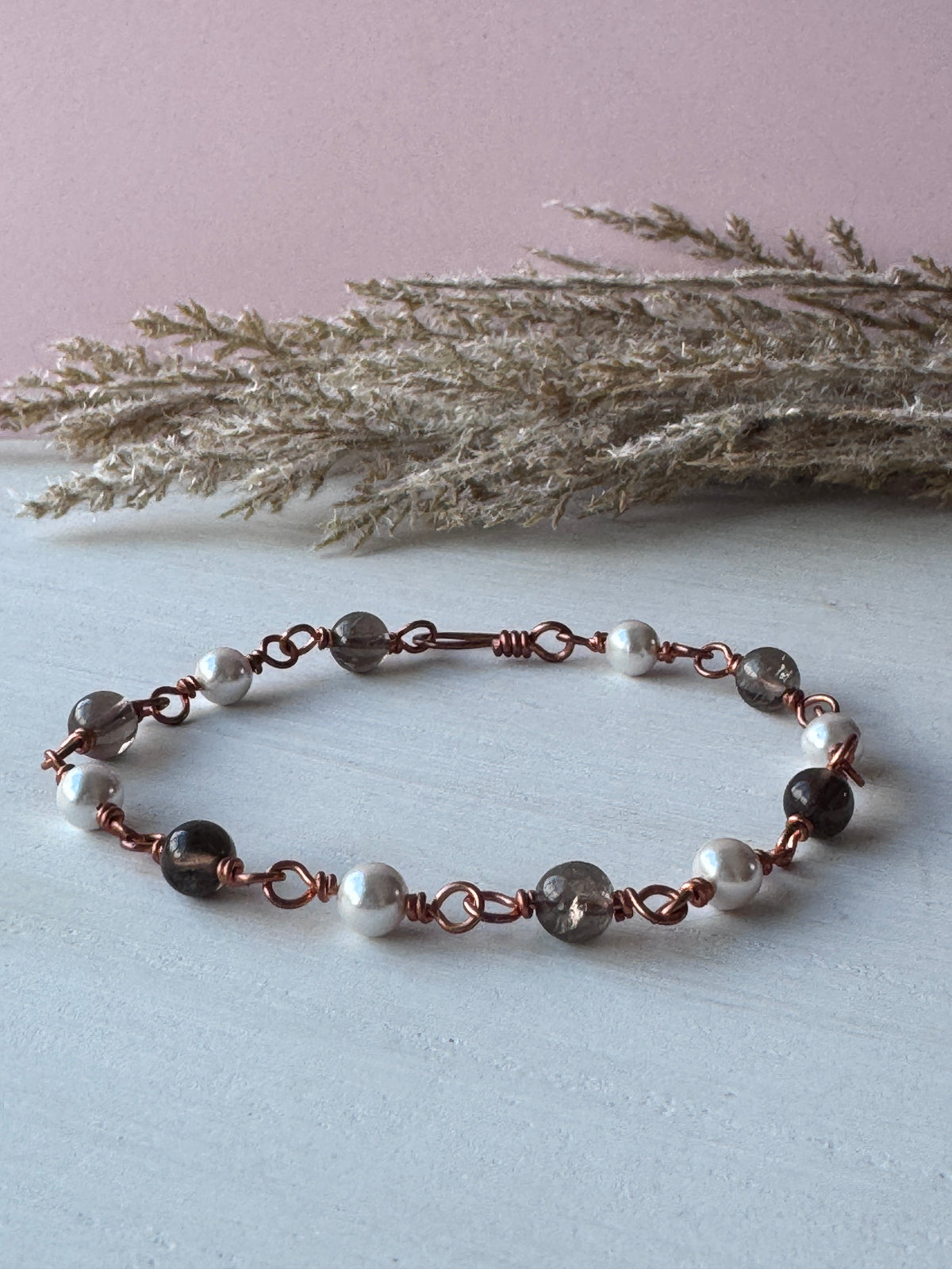 Pearl &amp; Smoky Quartz Copper Bracelet