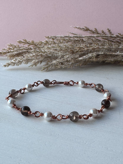 Pearl &amp; Smoky Quartz Copper Bracelet