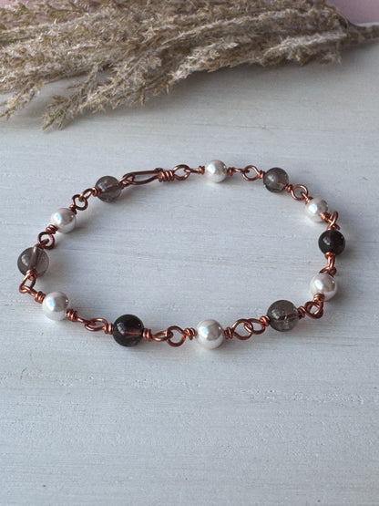 Pearl &amp; Smoky Quartz Copper Bracelet