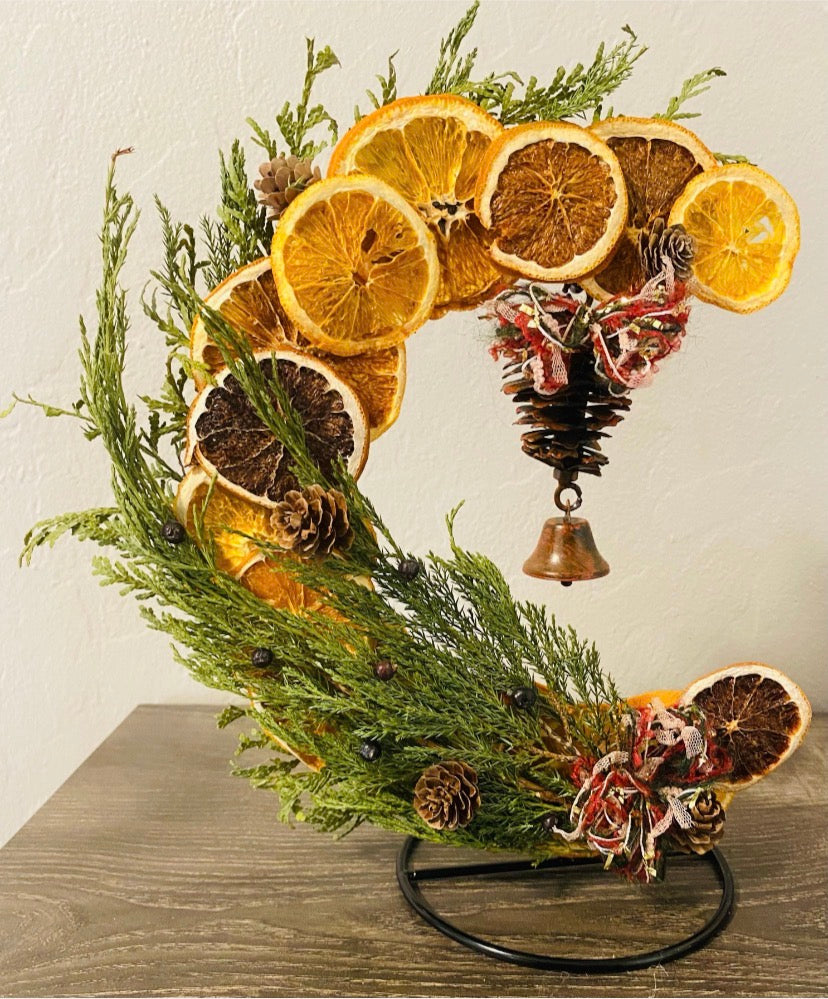 Yule tabletop orange crescent moon wreath