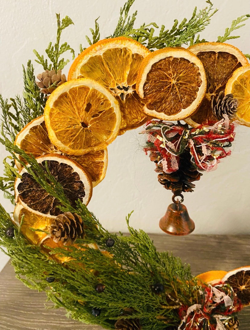Yule tabletop orange crescent moon wreath