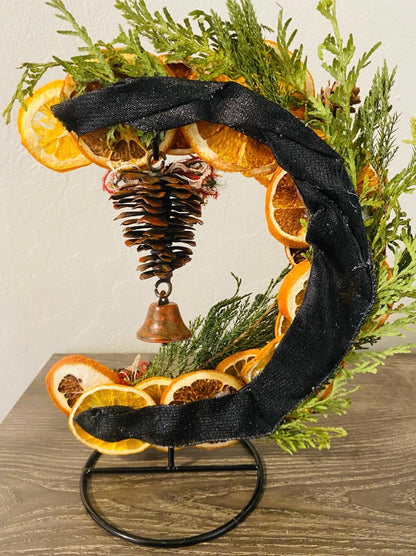 Yule tabletop orange crescent moon wreath