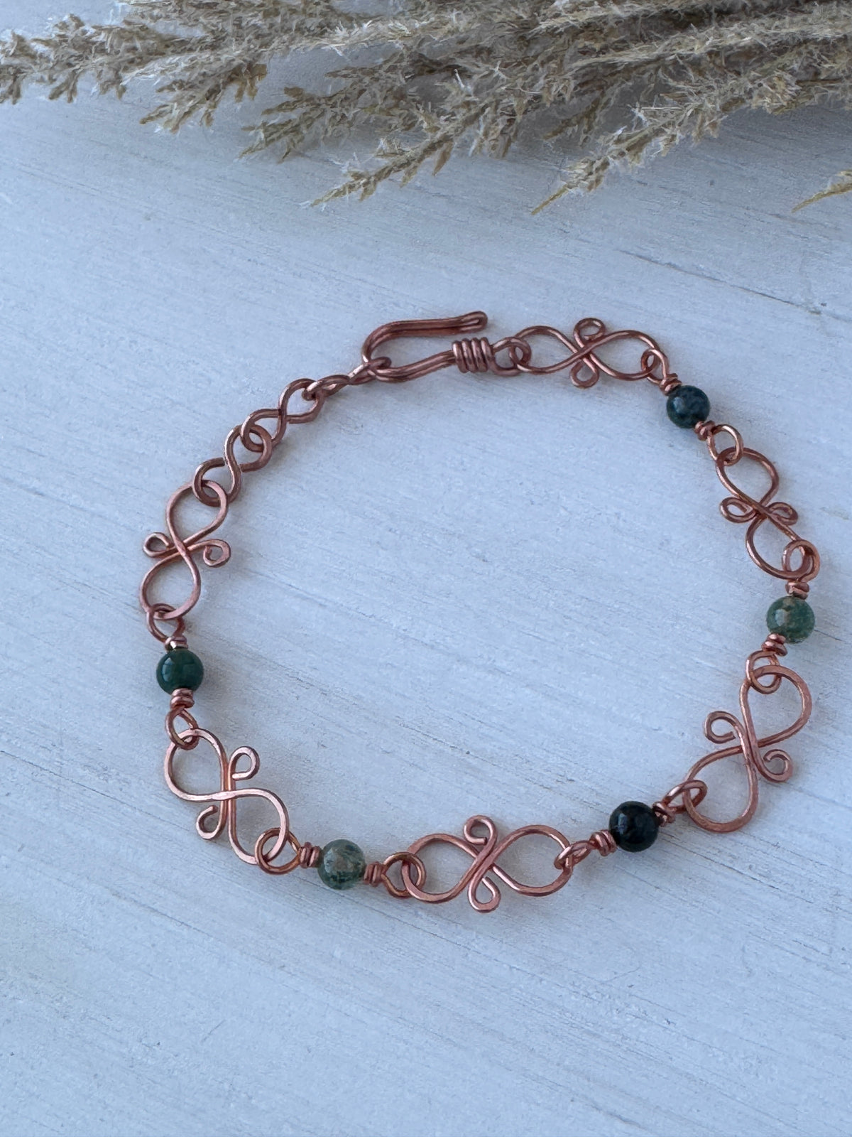 Pure Copper Bracelet with Moss Agate Beads