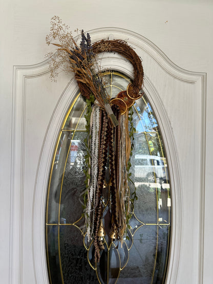 Handmade Witch Bells Grapevine Wreath | Selenite Crystal Door Hanger | Boho Decor | Wall Decor