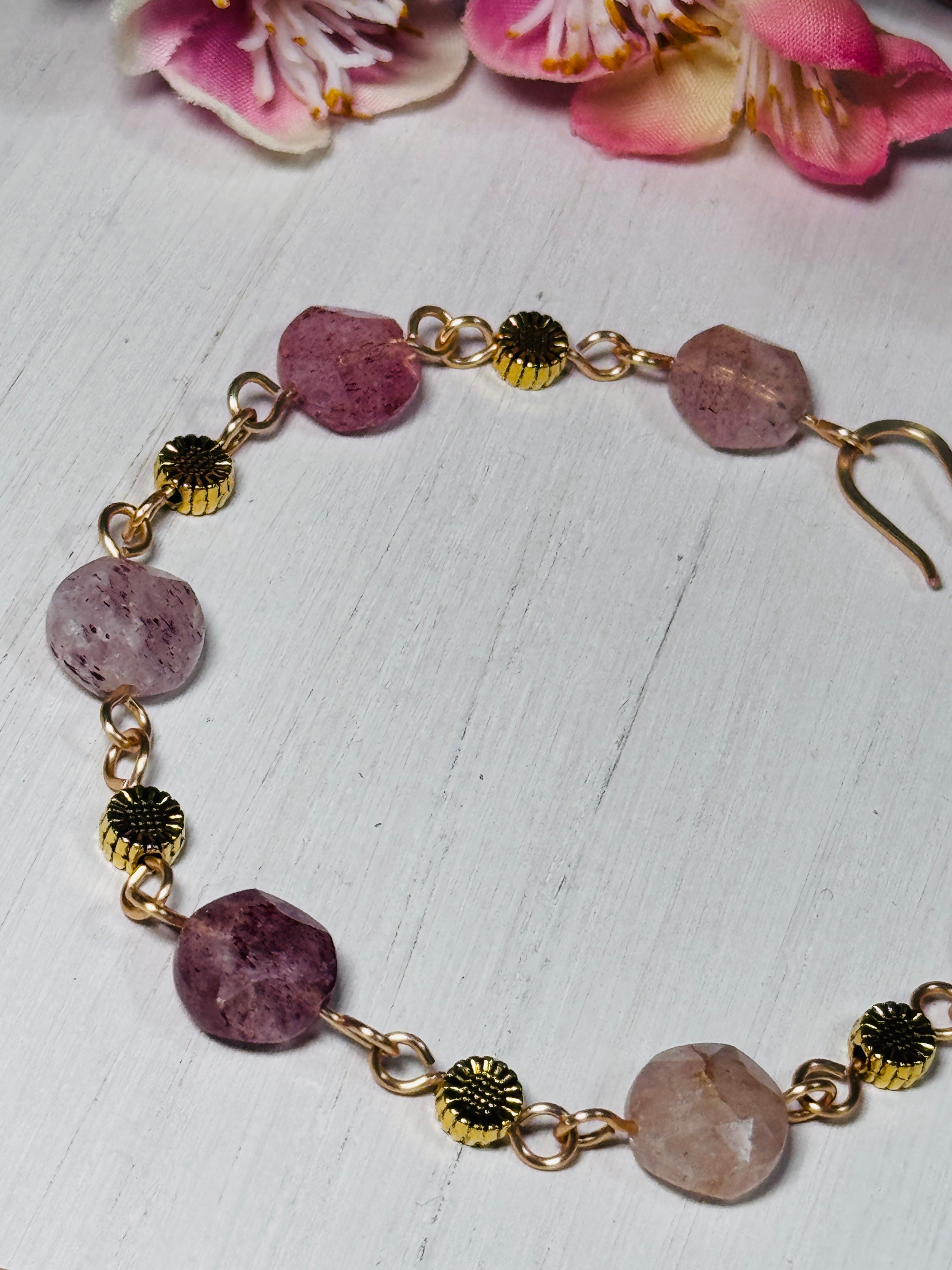 Strawberry Quartz Earring and Bracelet Set. Gold gemstone jewelry