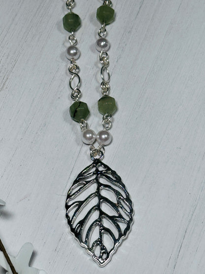 Prehnite and Pearl Silver Leaf Statement Necklace