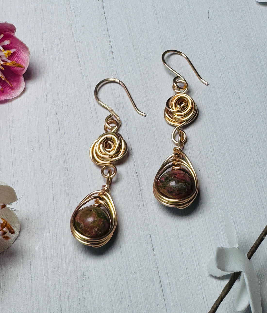 Gold Rose Unakite Earrings
