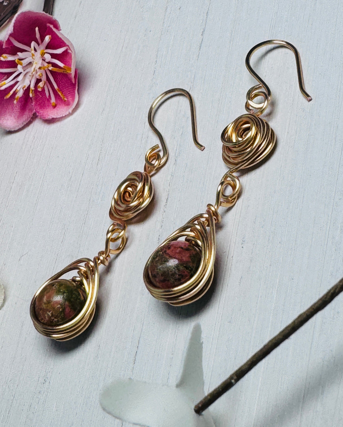 Gold Rose Unakite Earrings