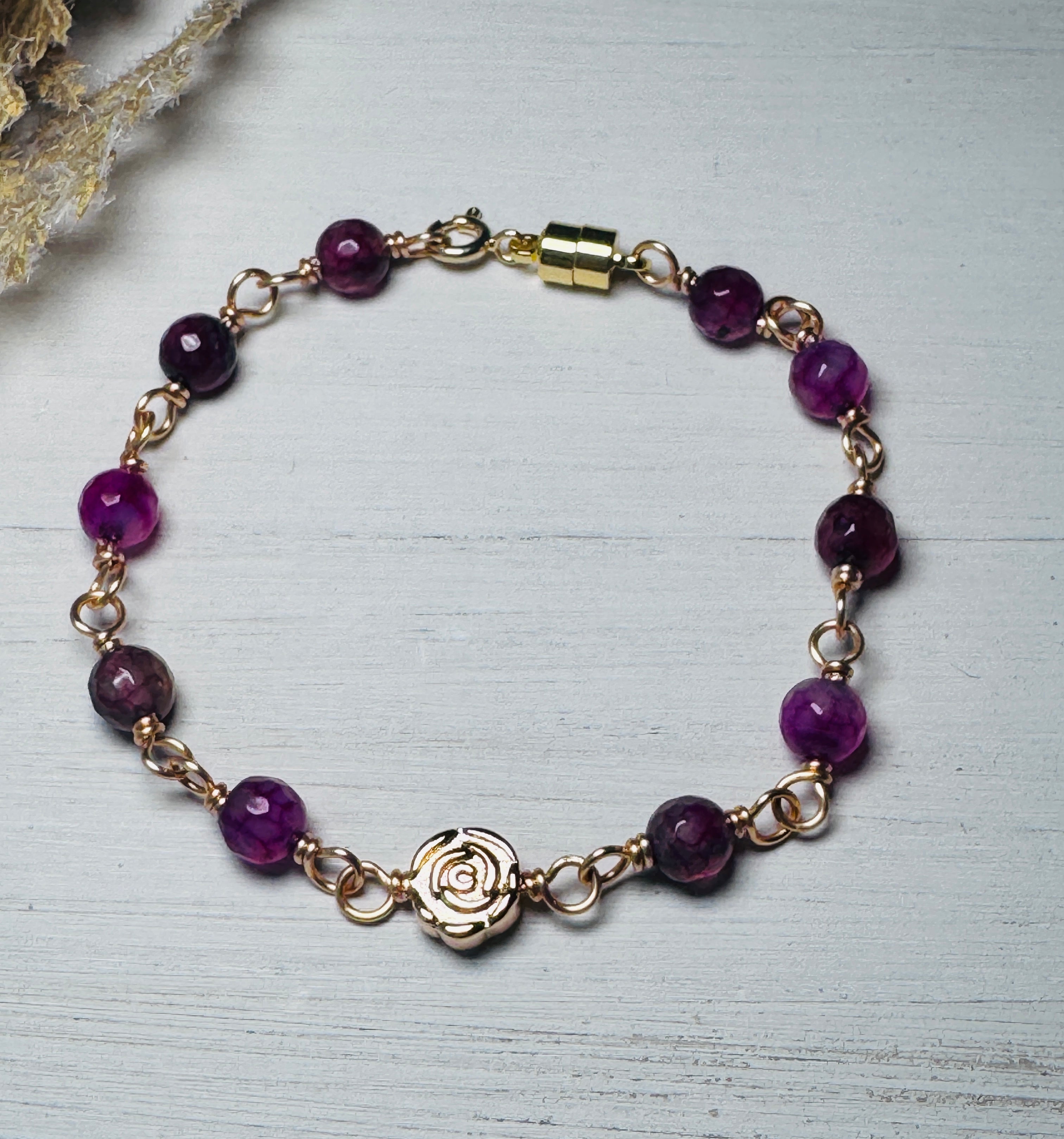 14K Gold Plated Rose Bracelet with Purple Agate Gemstones