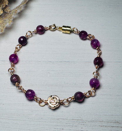 14K Gold Plated Rose Bracelet with Purple Agate Gemstones