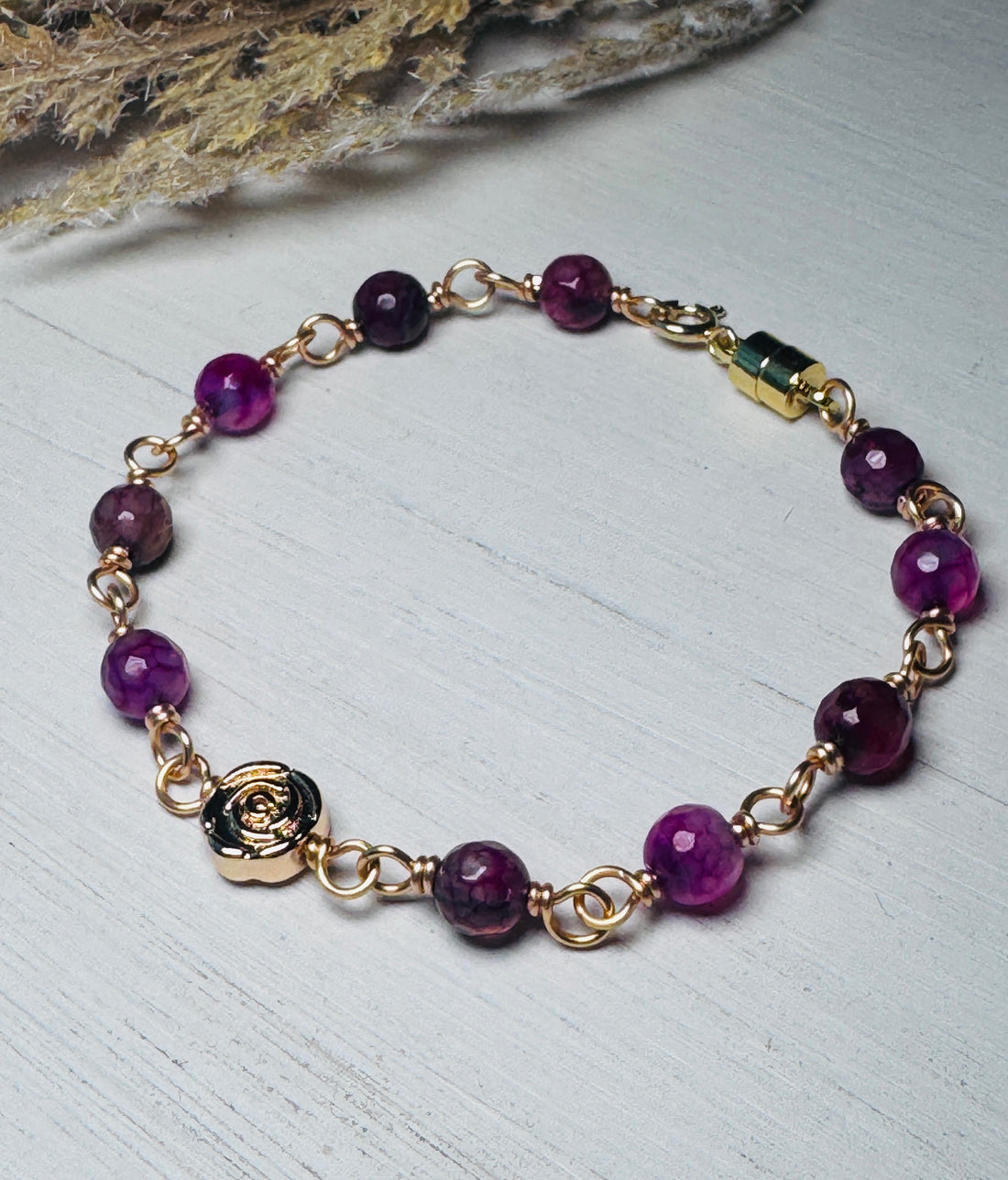 14K Gold Plated Rose Bracelet with Purple Agate Gemstones