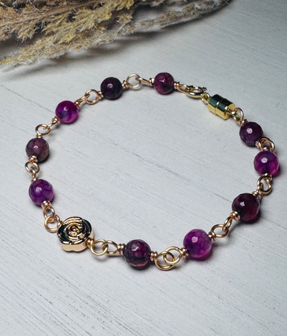 14K Gold Plated Rose Bracelet with Purple Agate Gemstones