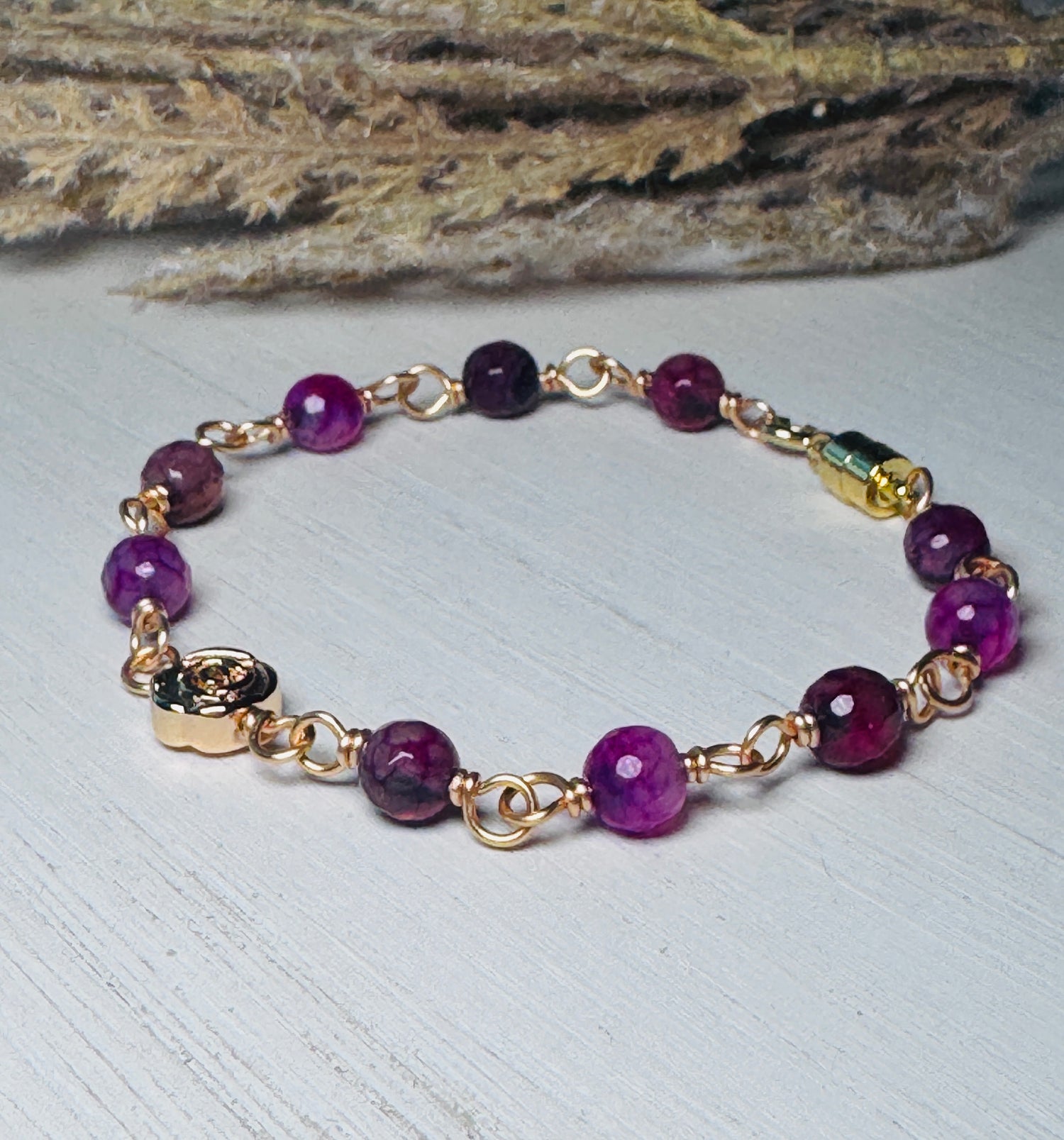 14K Gold Plated Rose Bracelet with Purple Agate Gemstones