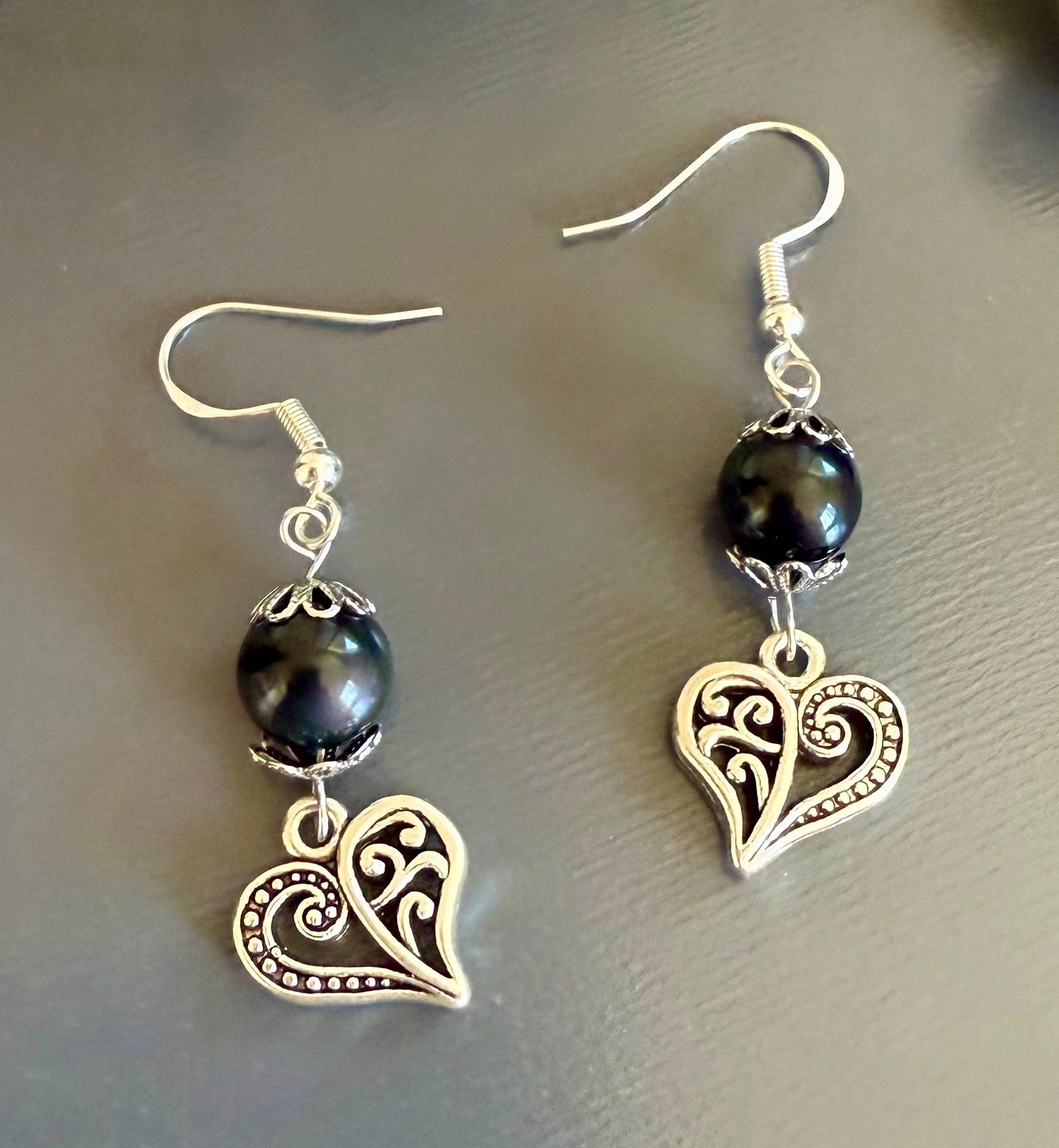 Black Obsidian Heart Charm Earrings.