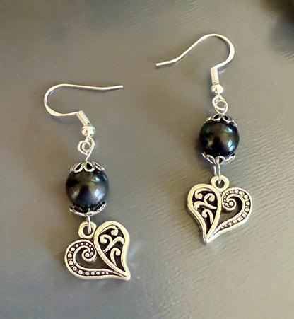 Black Obsidian Heart Charm Earrings.