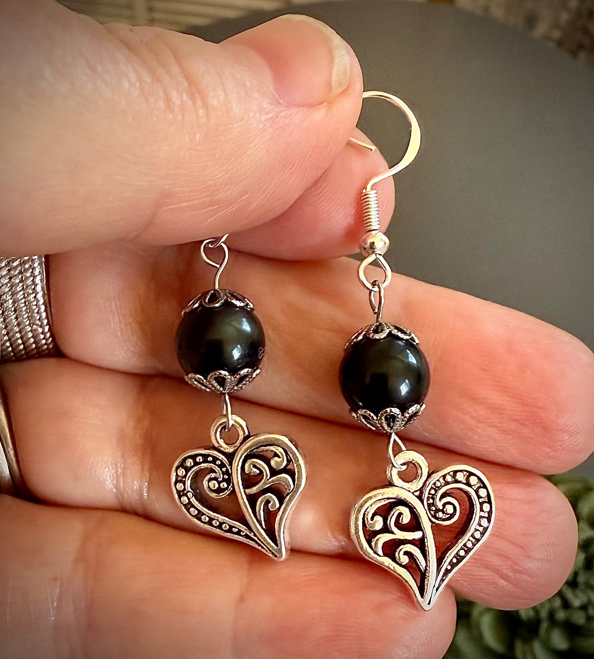 Black Obsidian Heart Charm Earrings.