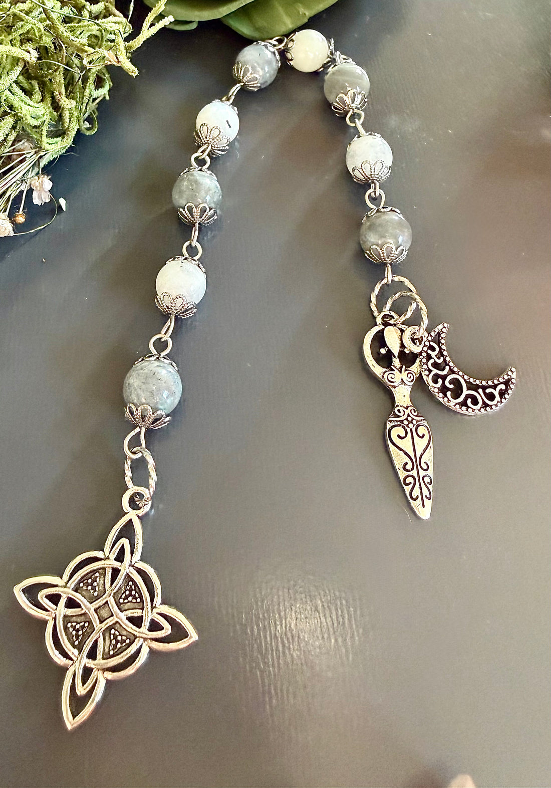 Witches Knot Pagan Devotional Prayer Beads with Labradorite and Moonstone.