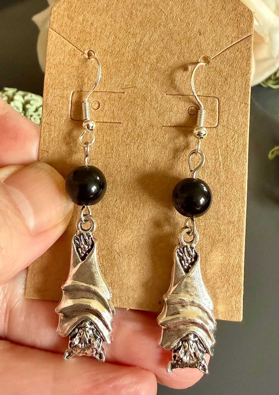 Black Obsidian Earrings with Bat Charms and Sterling Silver Hooks.
