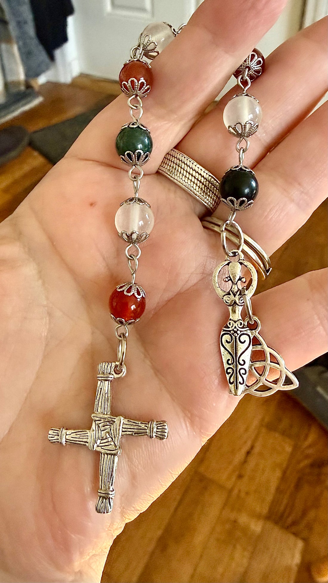 Goddess Brigid Devotional Prayer Beads:  Carnelian, Selenite, Moss Agate, and Brigid’s Cross Charm.