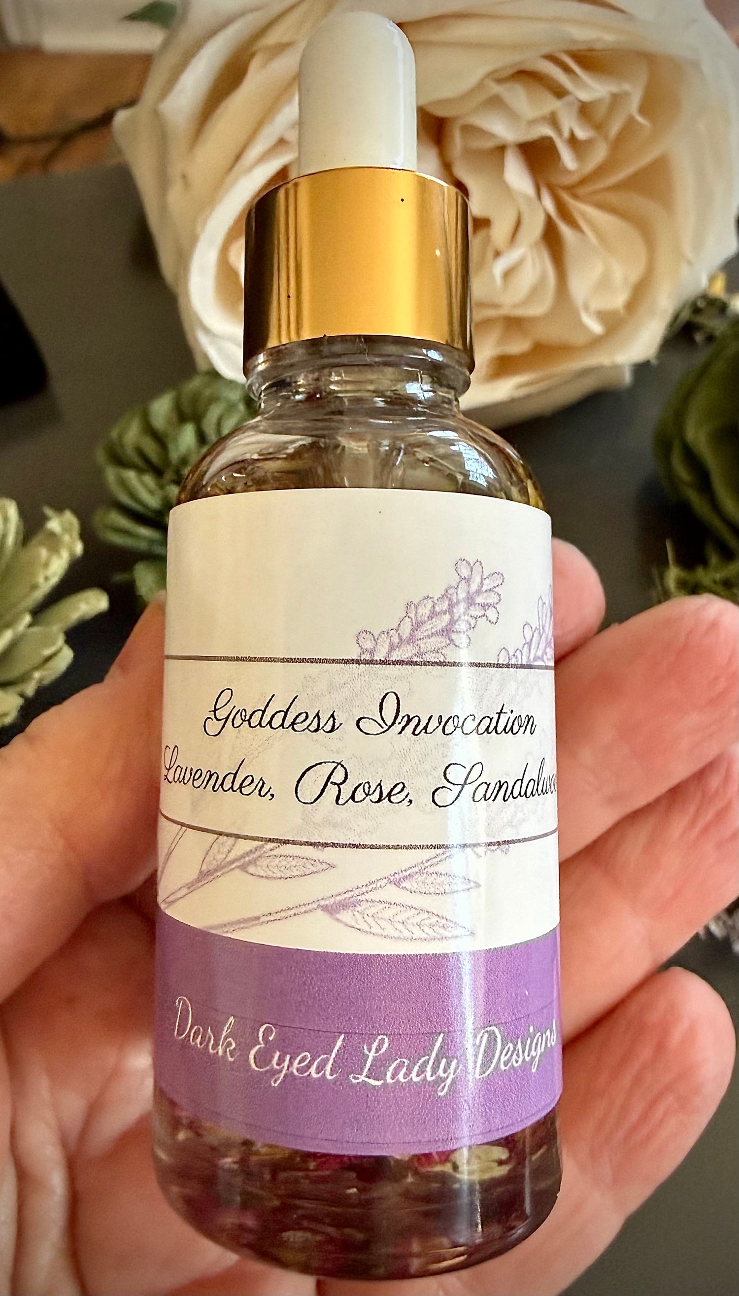 Goddess Invocation Ritual Anointing Oil with Essential Oils and Dried Florals