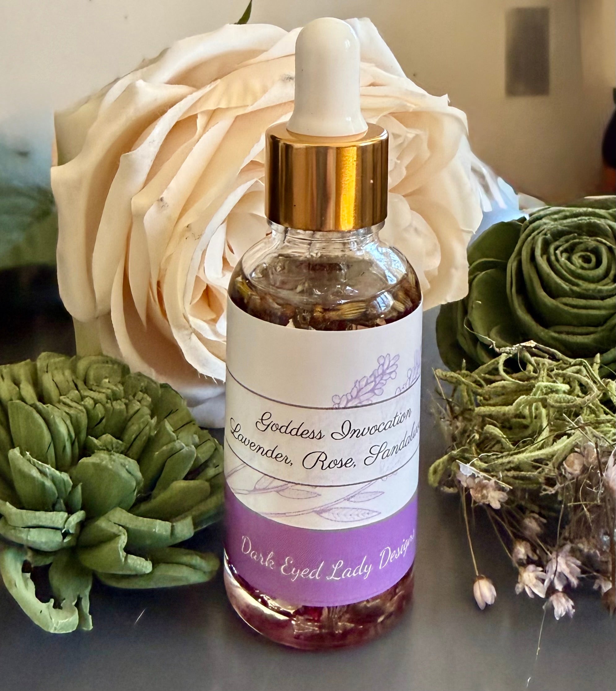 Goddess Invocation Ritual Anointing Oil with Essential Oils and Dried Florals
