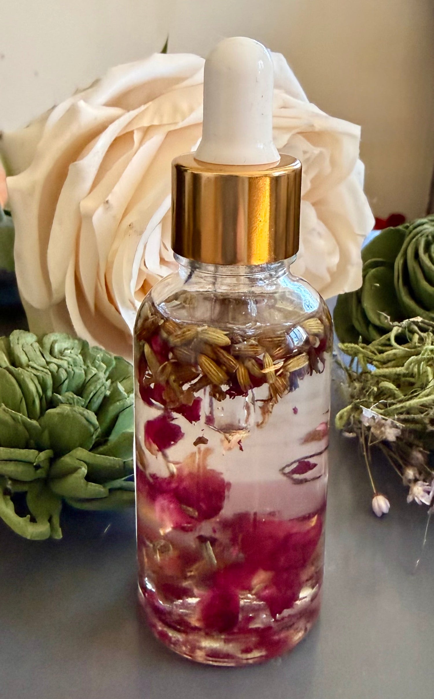 Goddess Invocation Ritual Anointing Oil with Essential Oils and Dried Florals