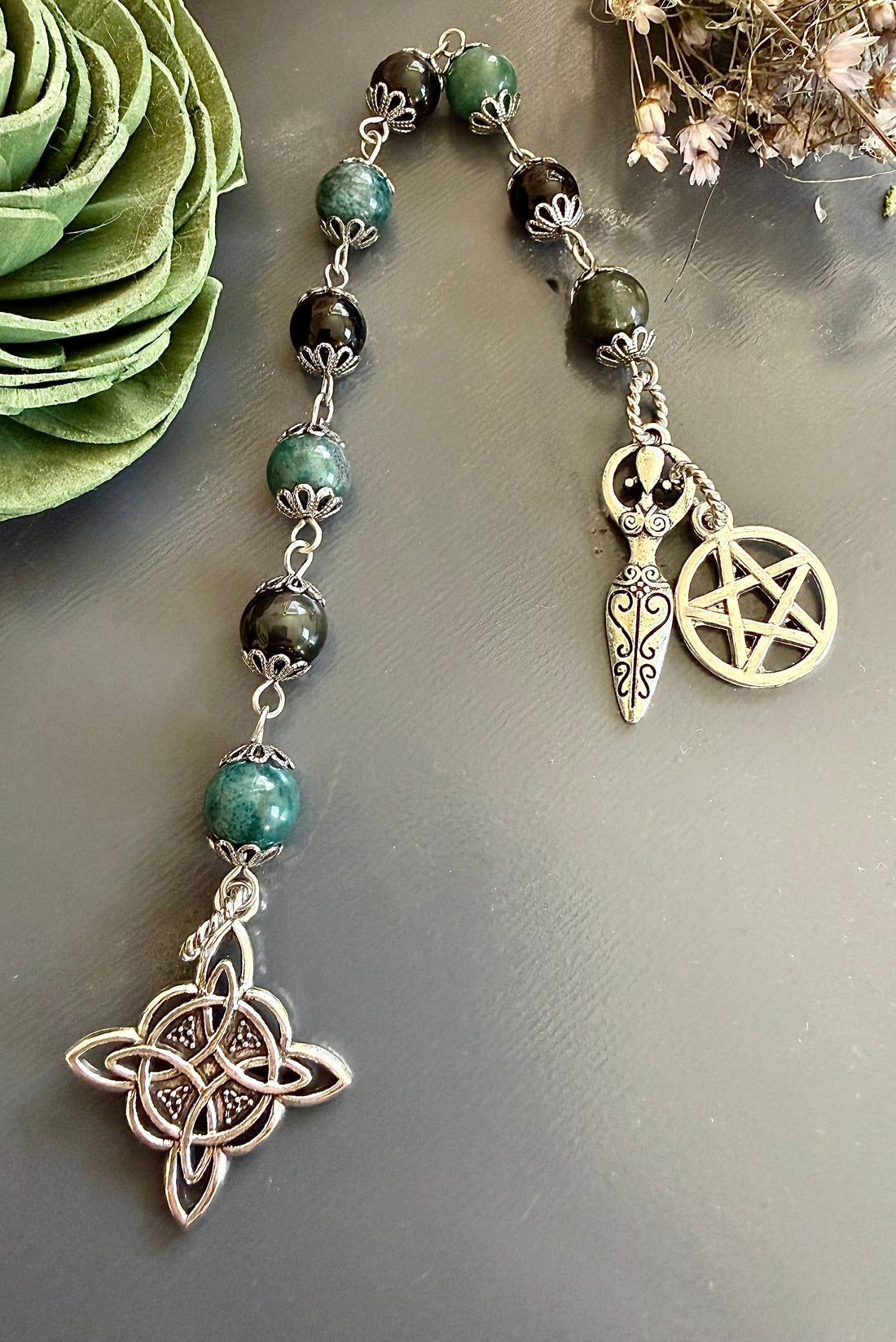 Handmade Witches Knot Pagan Prayer Beads with Moss Agate, Obsidian, Goddess, and Pentacle Charms