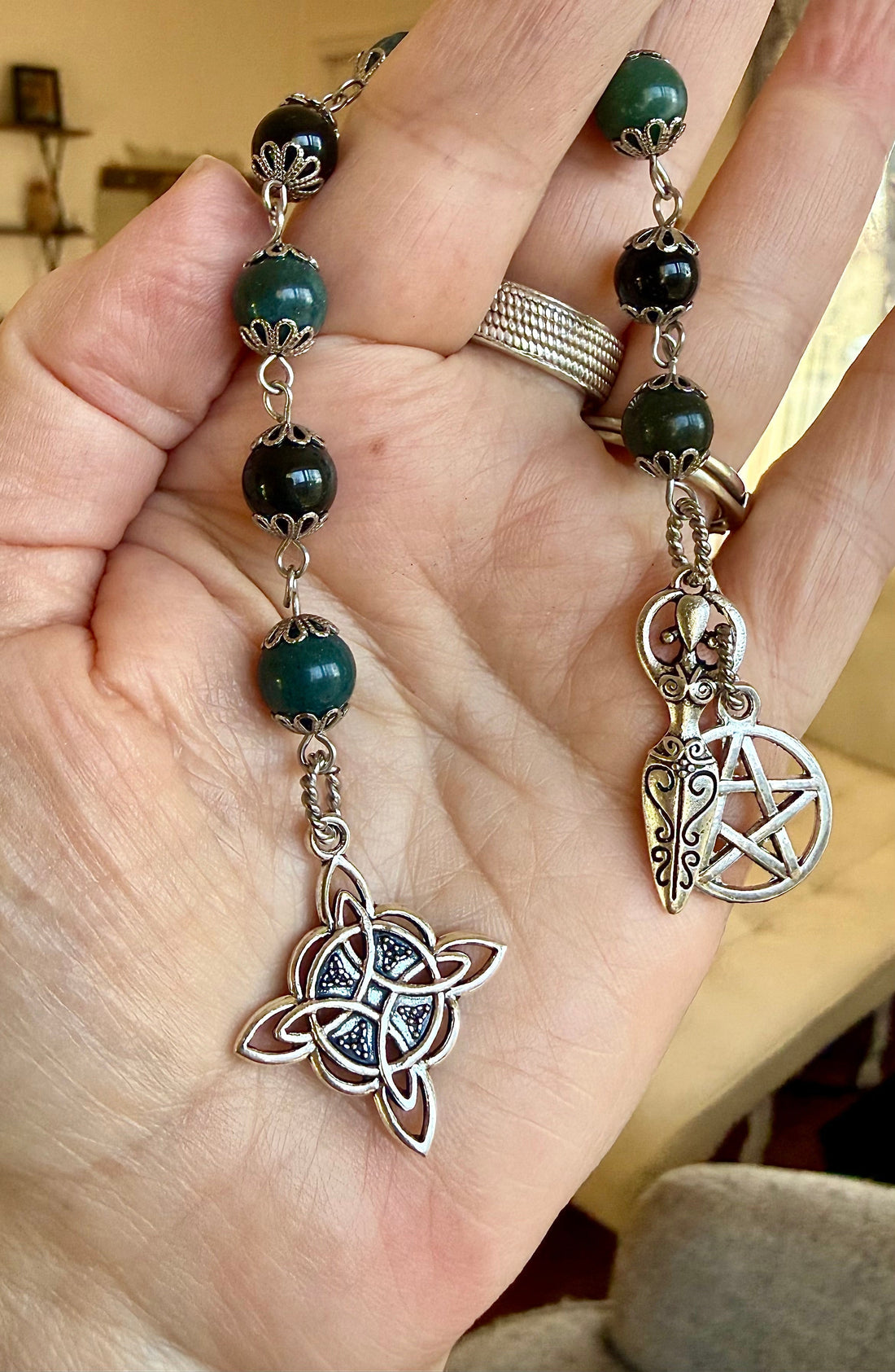 Handmade Witches Knot Pagan Prayer Beads with Moss Agate, Obsidian, Goddess, and Pentacle Charms